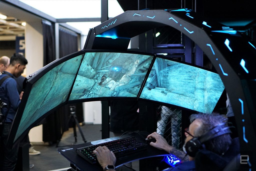 Multiple monitors can be attached to the gaming chair.