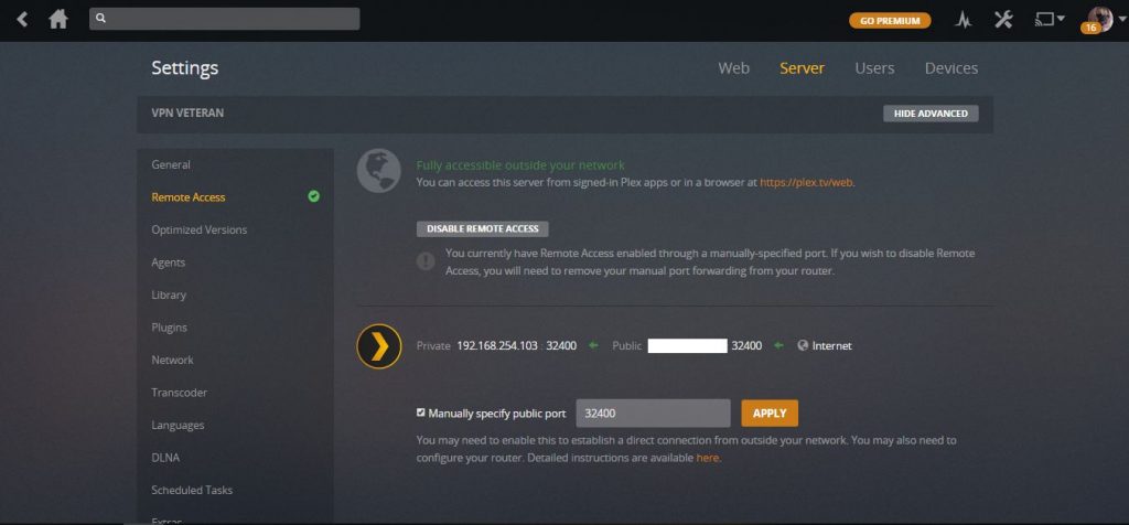 configure plex media server remote streaming